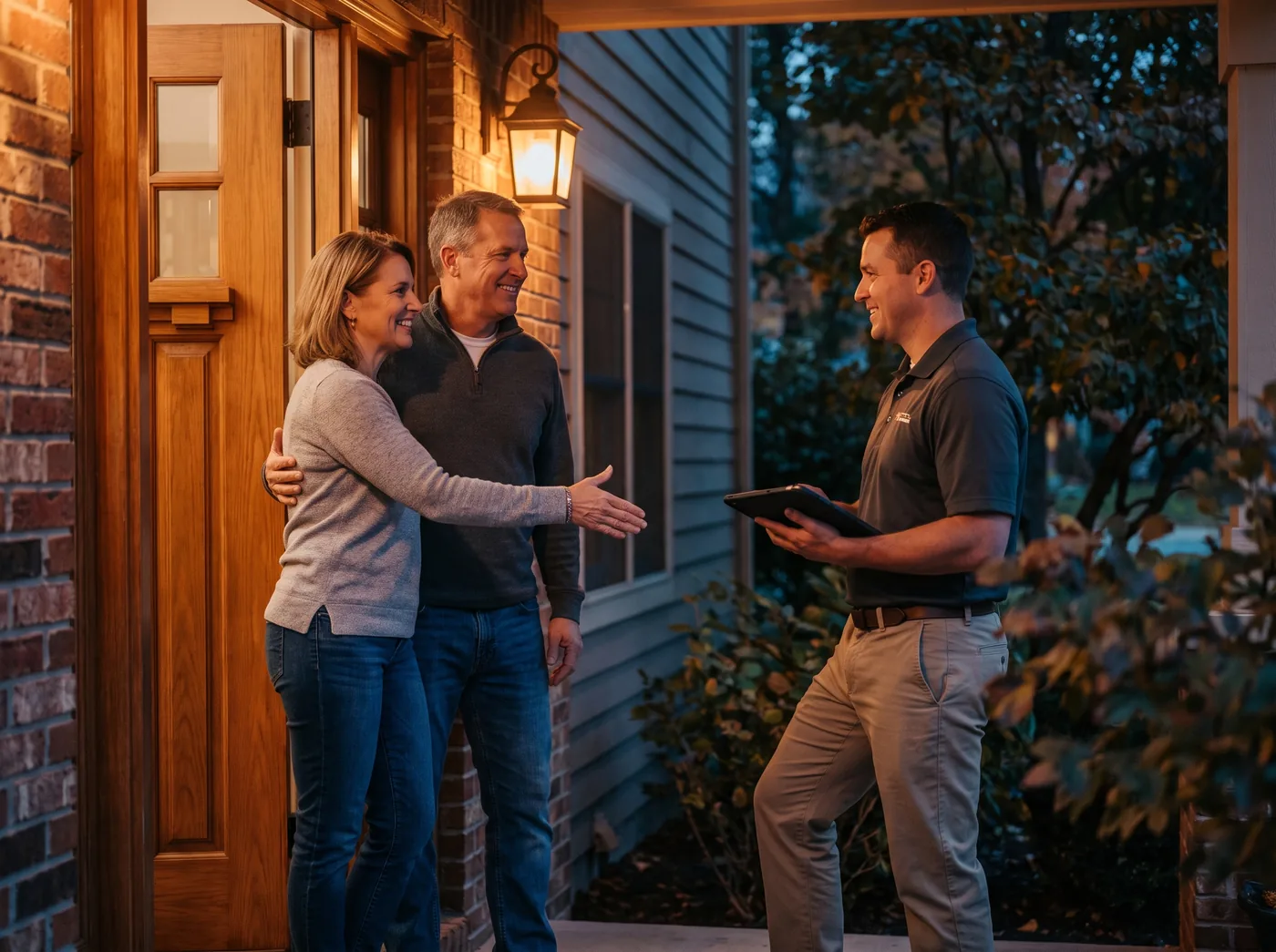 Homeowners welcoming a contractor onto their porch for a scheduled in-home appointment