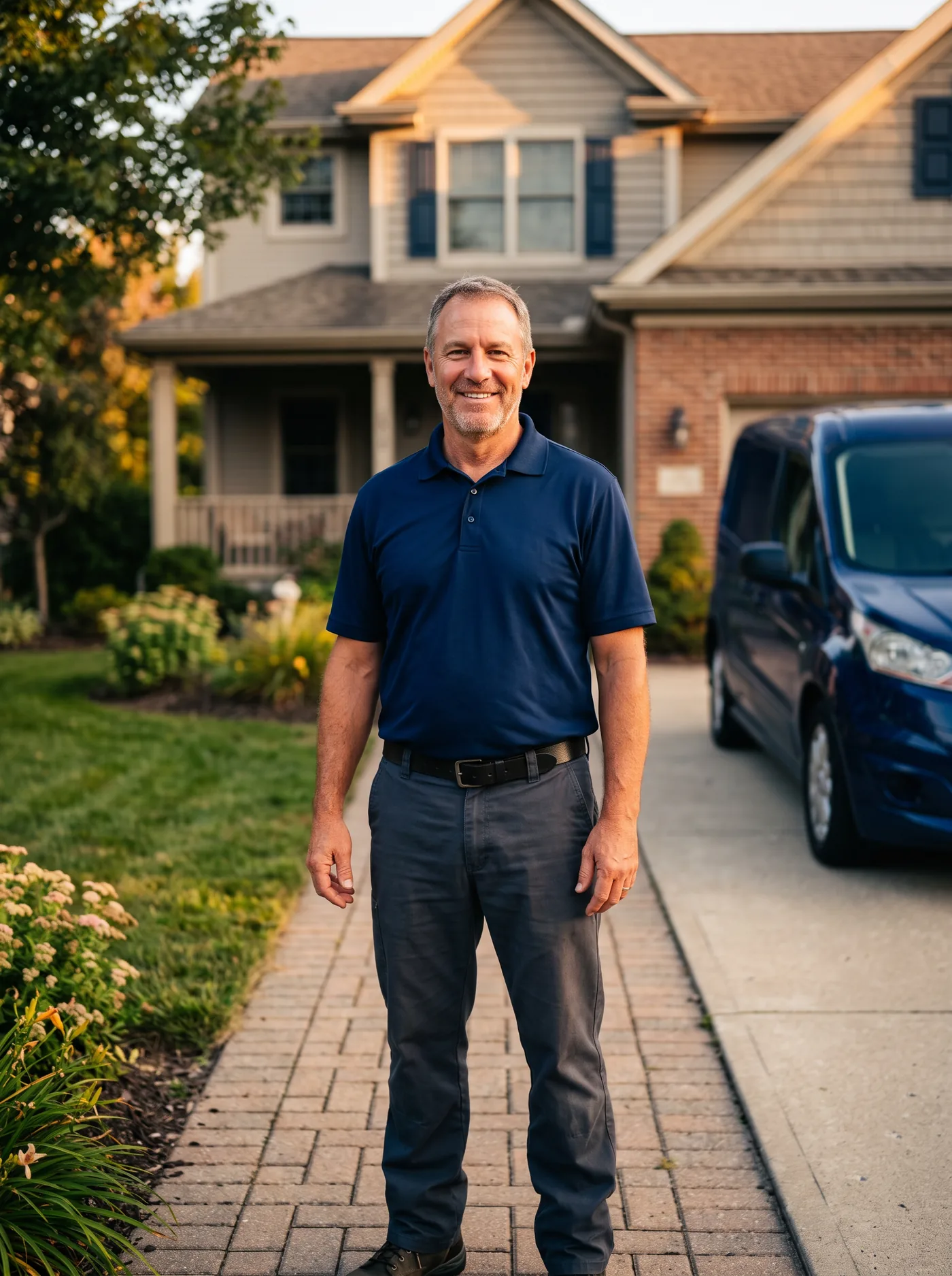 Home-service contractor standing on the front walkway of a suburban home at golden hour, with his work van in the driveway