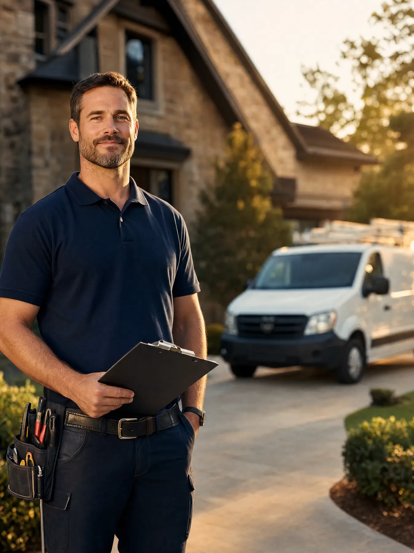 Home-service contractor with a clipboard in front of a suburban home and work van