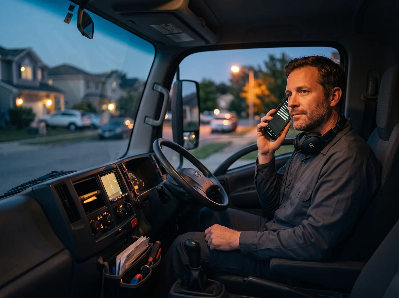 Contractor sitting in his work truck listening to the recording of a booked appointment on his phone